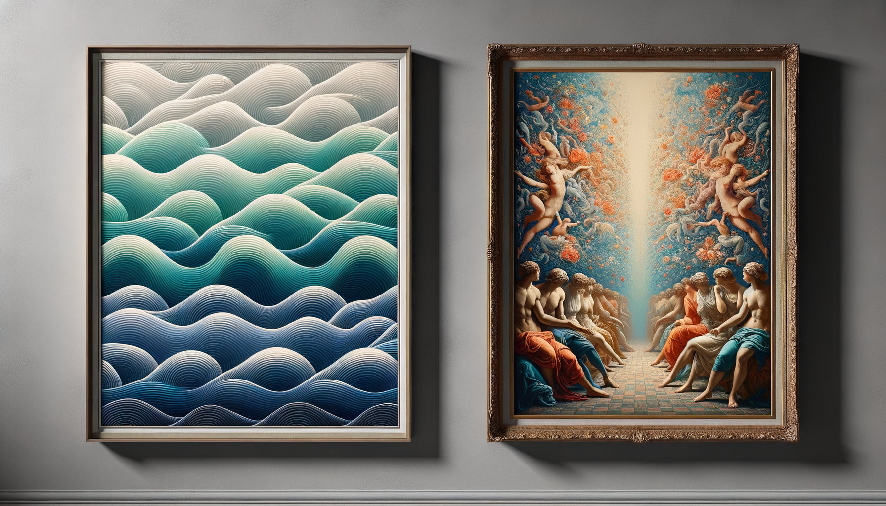 Comparaison visuelle entre tableau médical apaisant aux tons doux et œuvre grand public expressive aux couleurs vives