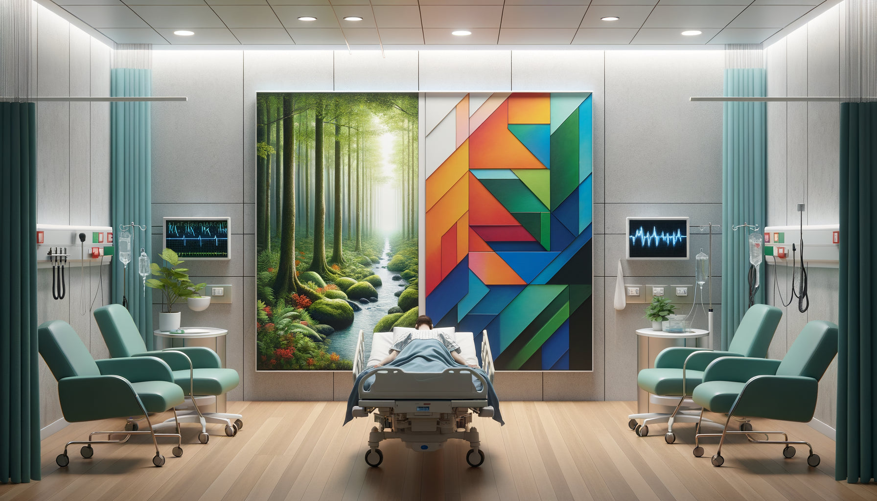 Comparaison entre tableau de paysage naturel apaisant et œuvre abstraite géométrique en chambre d'hôpital moderne