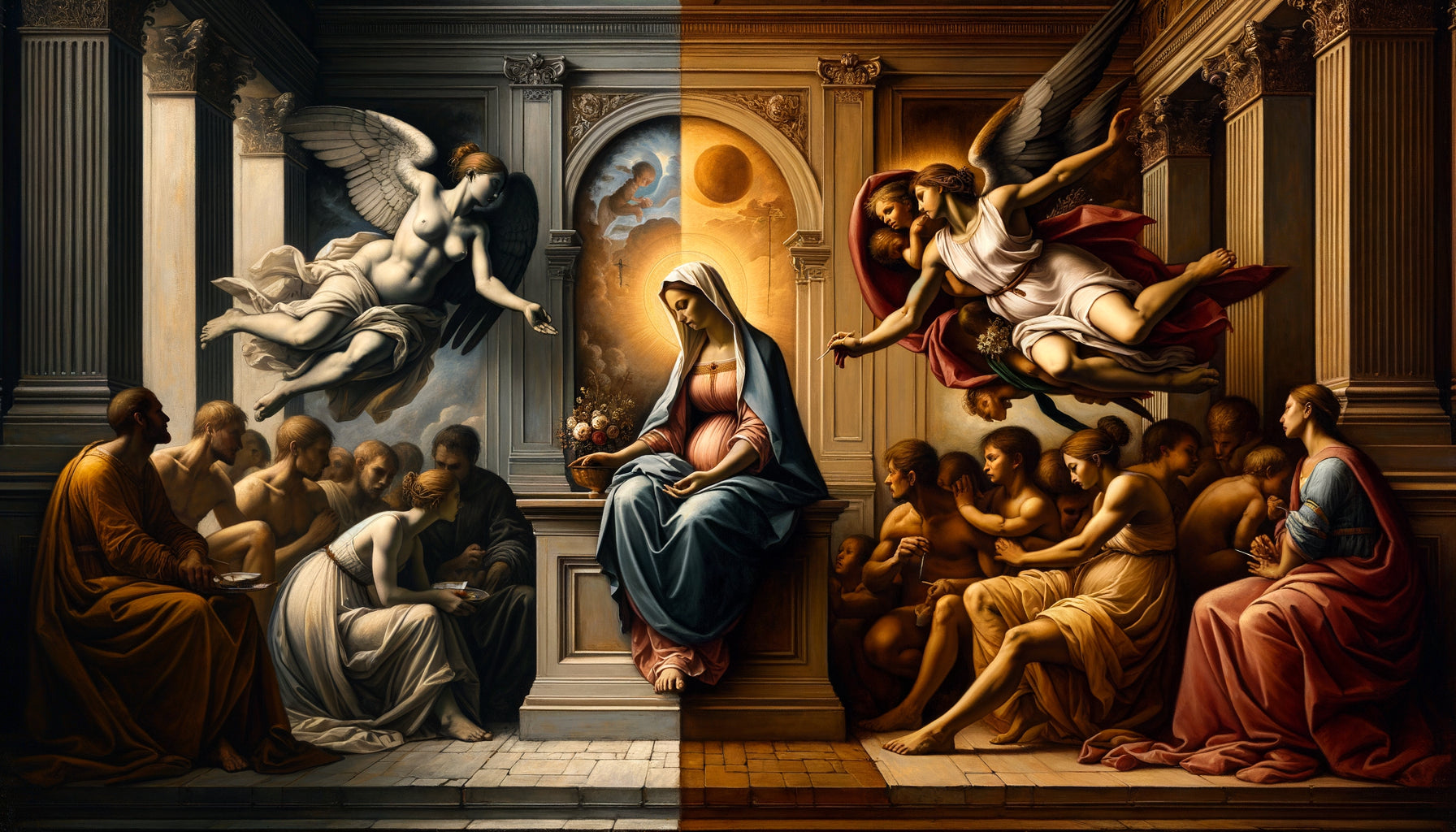 Comparaison visuelle entre tableau Renaissance serein et tableau baroque dramatique côte à côte