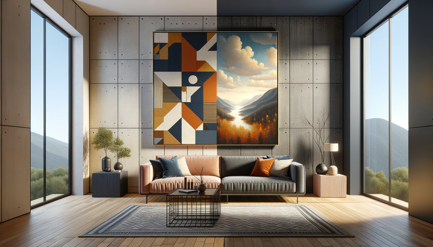 Comparaison intérieur moderne avec tableau abstrait géométrique versus œuvre figurative paysage, même format