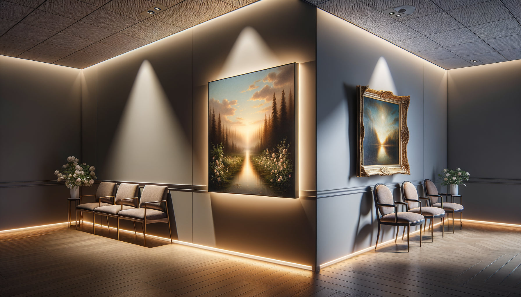 Comparaison salle d'attente moderne : tableau lumineux LED à gauche versus tableau traditionnel éclairé par spot à droite