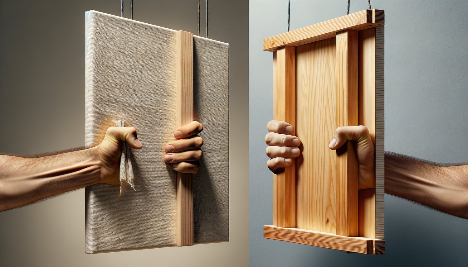 Comparaison visuelle entre toile légère sur châssis et panneau de bois lourd pour tableaux, démonstration pratique de portabilité