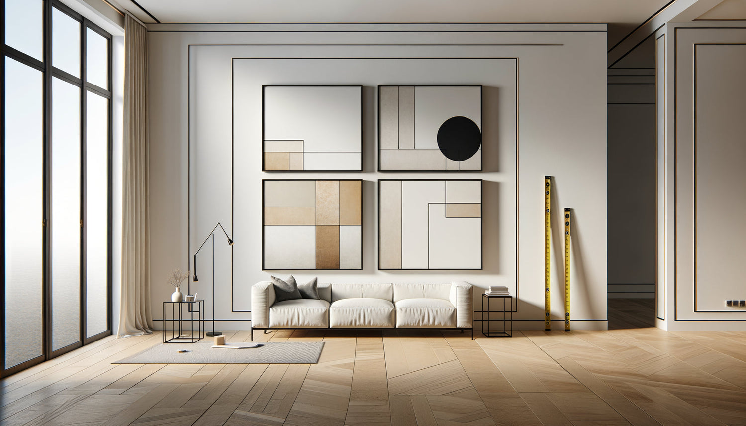 Comparaison visuelle de trois formats muraux : triptyque, diptyque et tableau unique dans intérieur contemporain