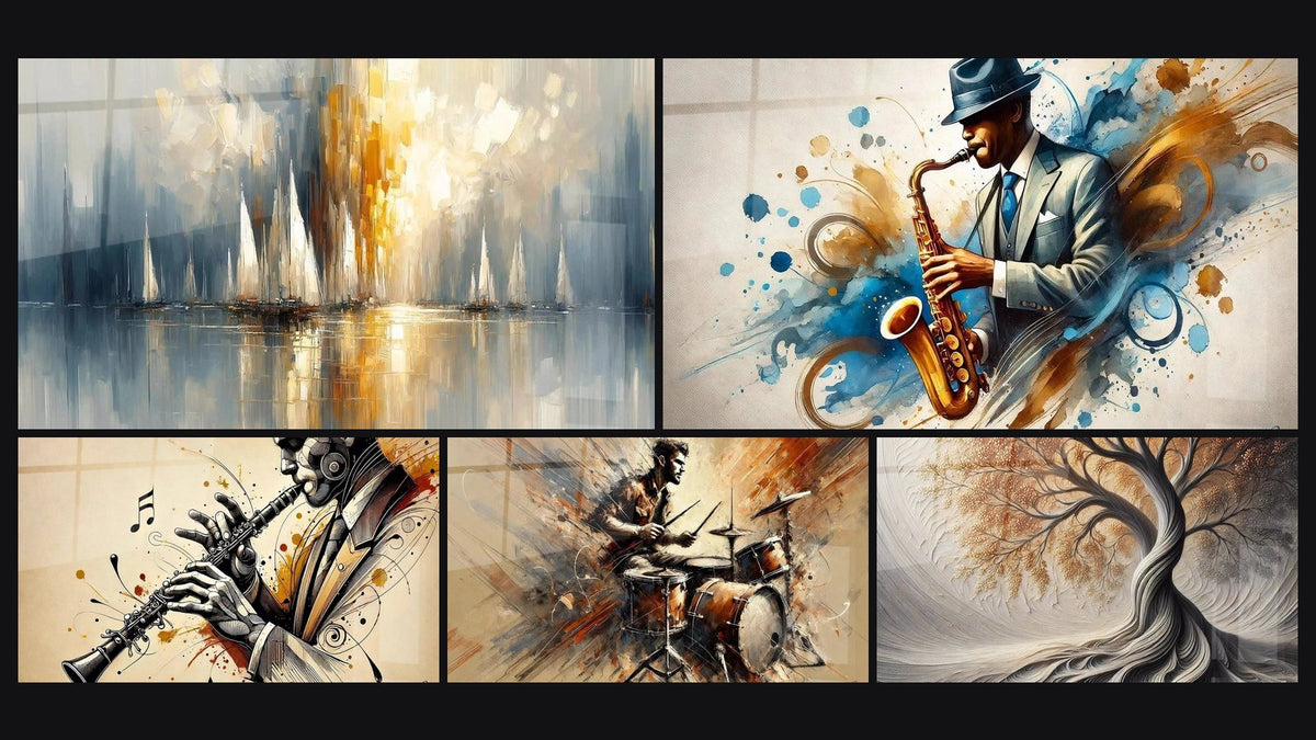 Mosaïque de cinq tableaux, dont Aurore sur la Baie, Jazz N°2 et Clarinette N°1