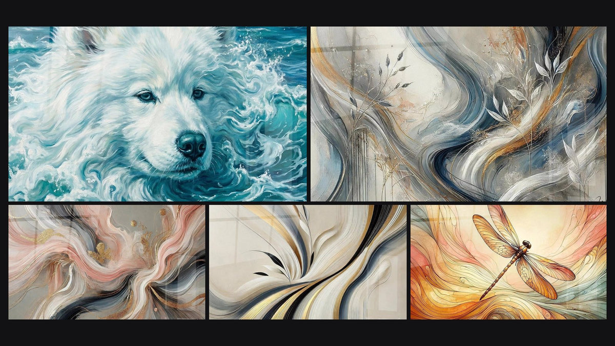 Mosaic of five paintings, including Enveloping Nuances, Silk Flows and Harmony Flow