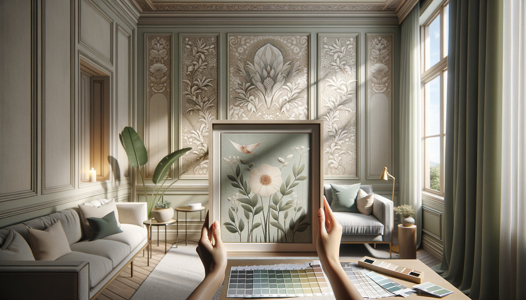 Test de compatibilité entre tableau encadré et papier peint décoratif à motifs botaniques dans un intérieur contemporain