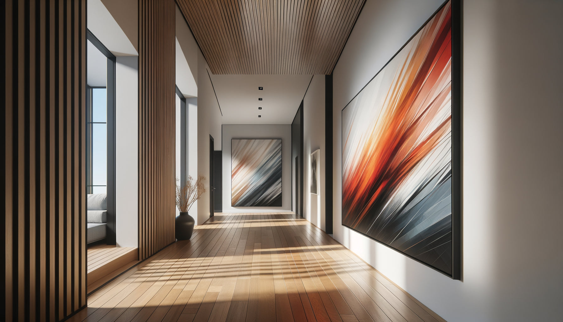 Couloir contemporain avec deux tableaux contrastés : composition dynamique énergique et composition statique apaisante