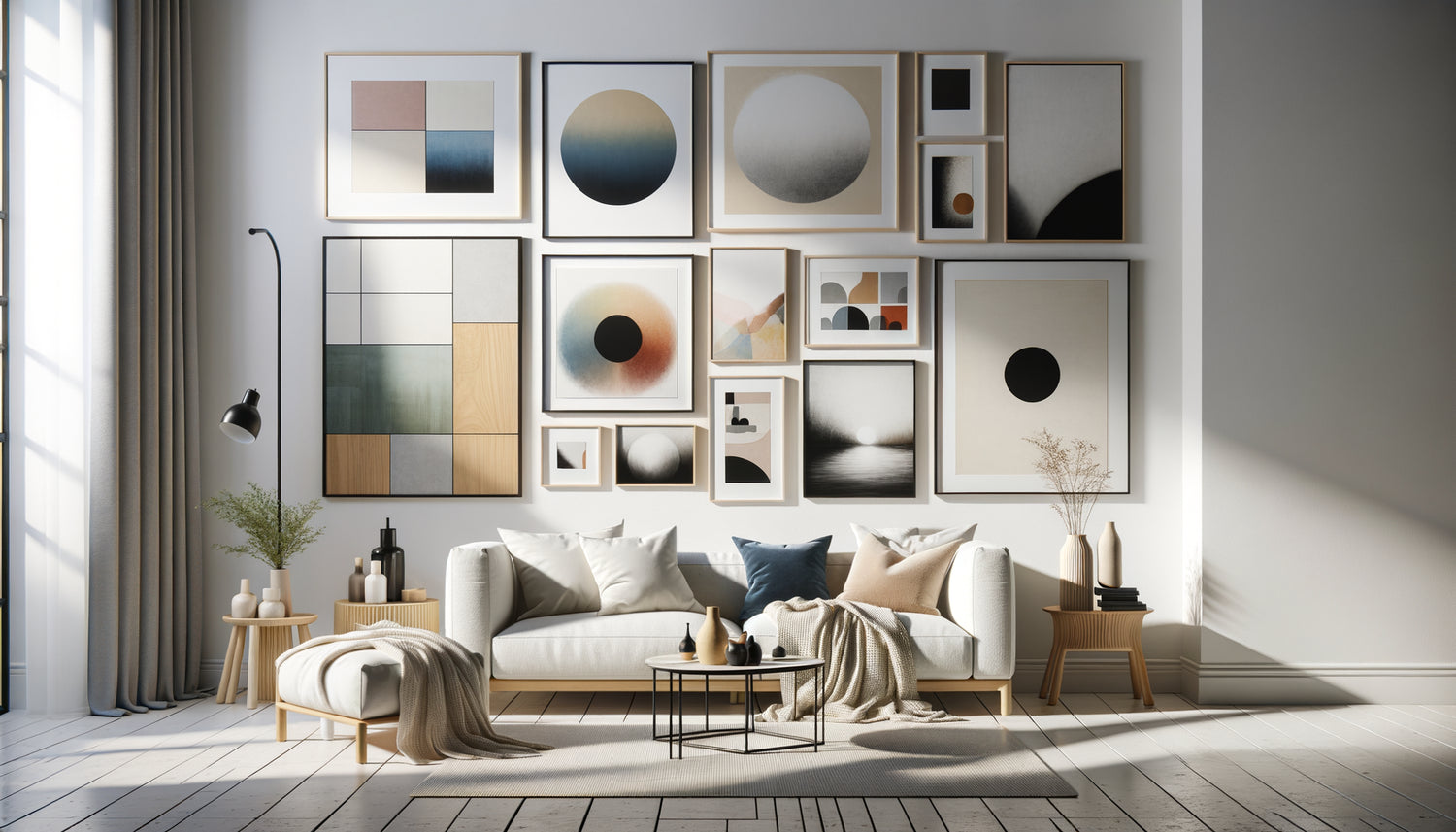 Composition murale rythmique avec tableaux de tailles variées créant une dynamique visuelle harmonieuse sur mur blanc