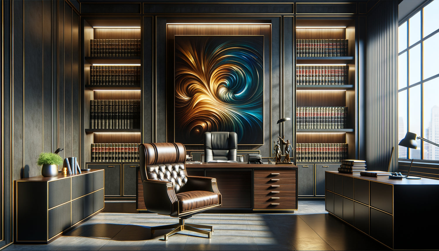 Bureau d'avocat contemporain montrant tableau composition centrée versus décentrée, démonstration principes design professionnel