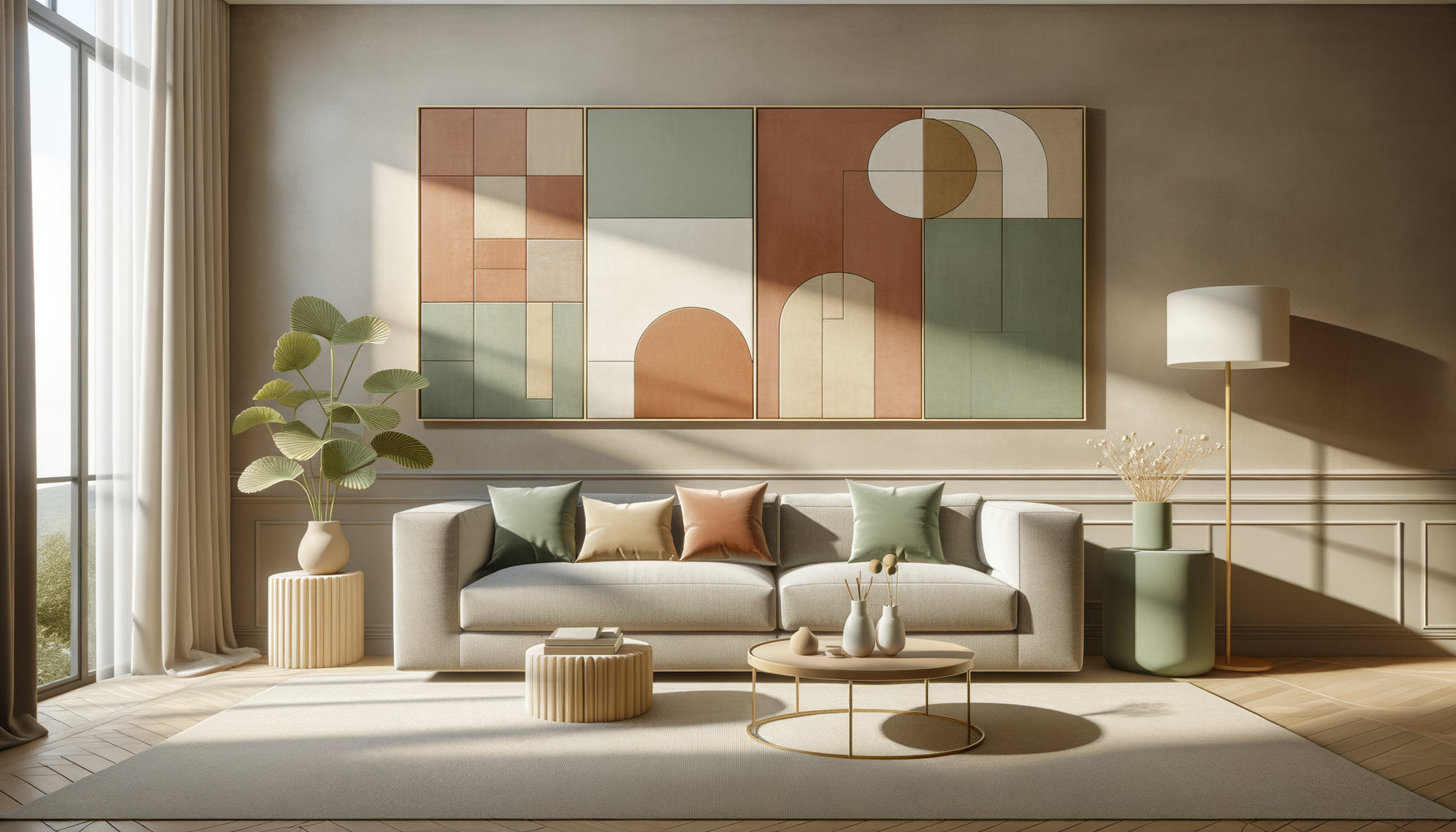 Composition murale moderne avec trois tableaux coordonnés aux tons terracotta et vert sauge dans salon contemporain