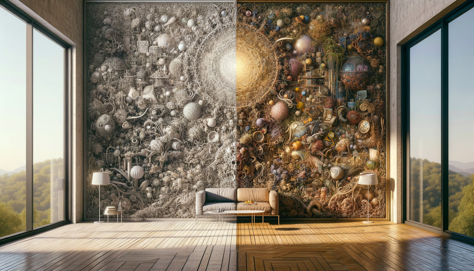 Comparaison visuelle entre tableau surchargé de détails complexes et œuvre minimaliste apaisante illustrant la confusion cognitive