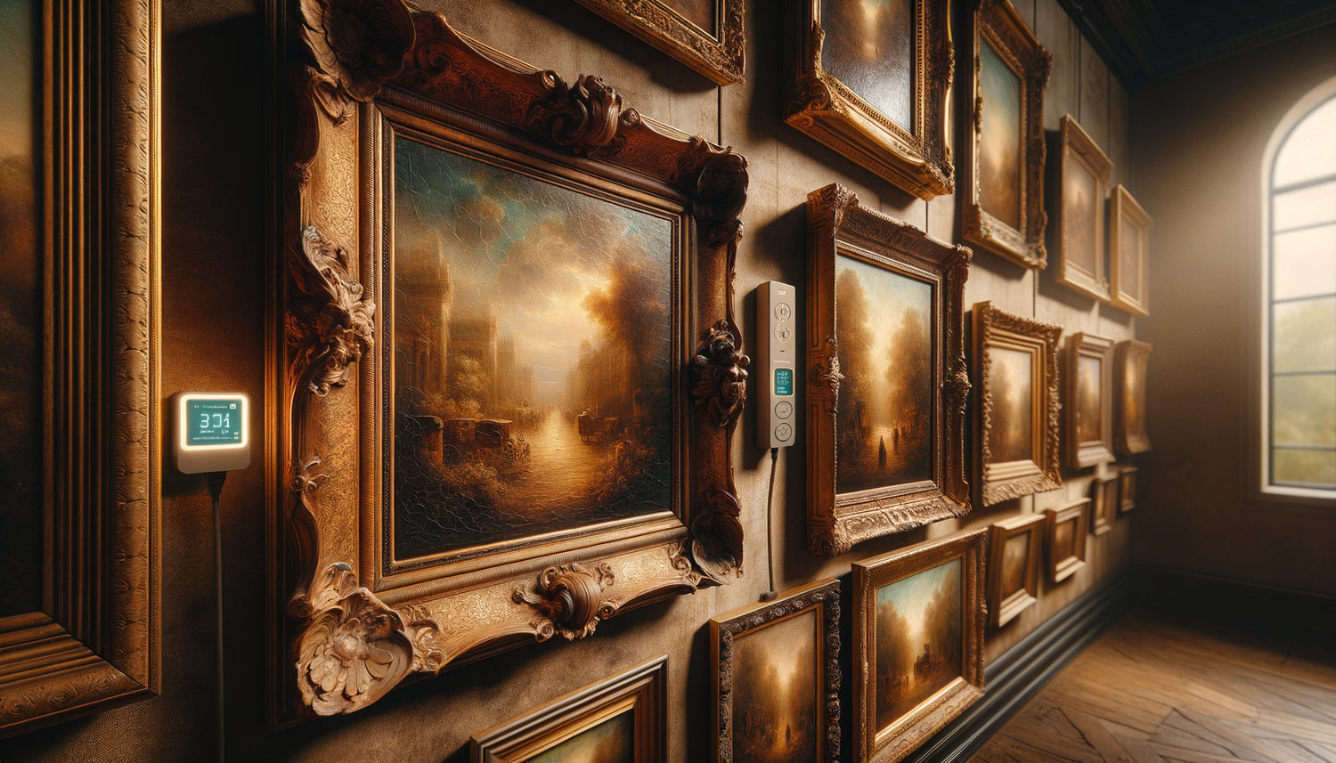 Tableaux muraux vintage des années 1920-1950 avec hygromètre pour contrôle d'humidité optimal de conservation