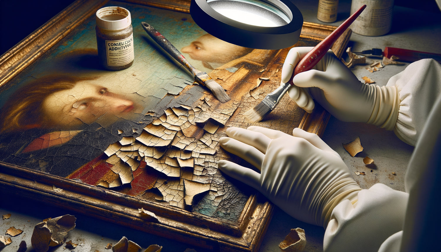 Processus de consolidation par imprégnation d'une peinture abstraite pulvérulente, restaurateur appliquant un adhésif consolidant au pinceau fin