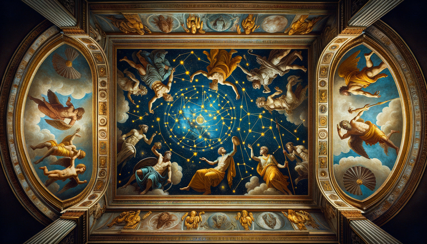 Fresque de plafond gréco-romaine antique représentant les constellations sous forme de figures mythologiques et héros classiques