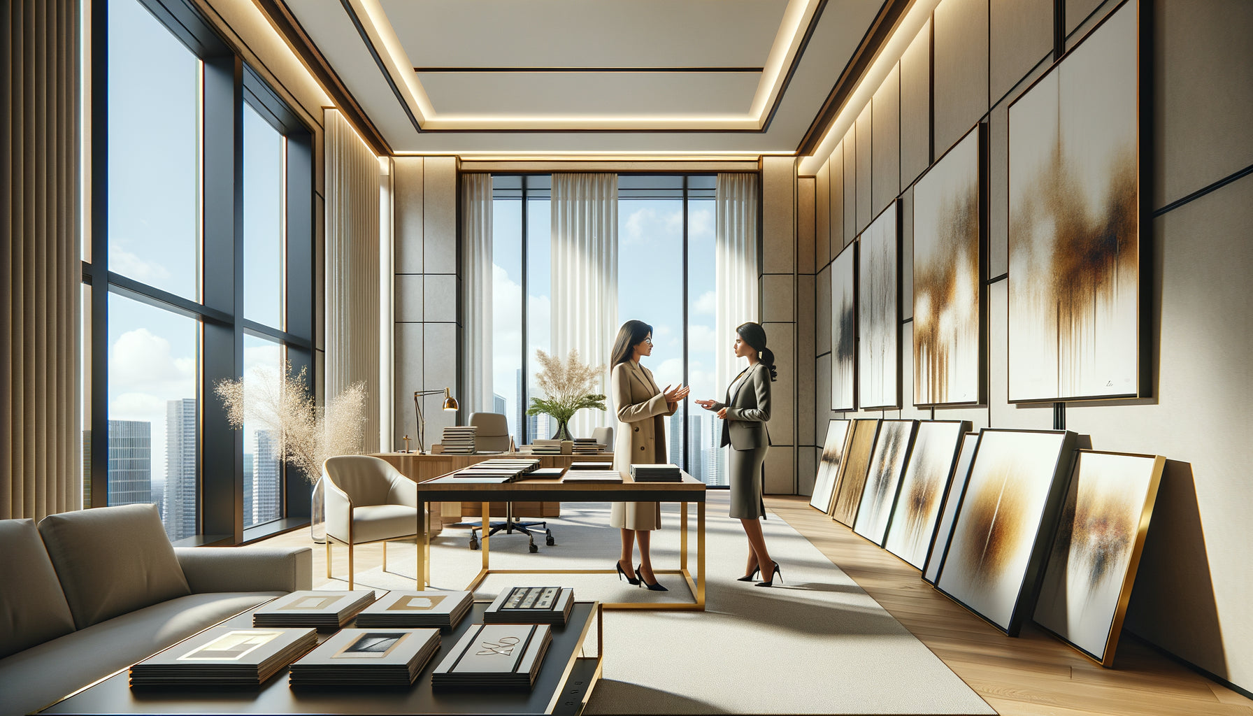 Consultant en art présentant des œuvres à un professionnel dans un cabinet moderne élégant