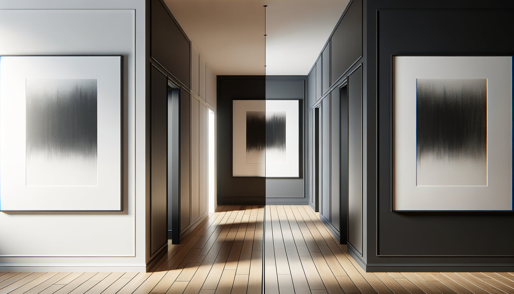 Comparaison visuelle couloir moderne avec cadre blanc sur mur foncé et cadre noir sur mur clair