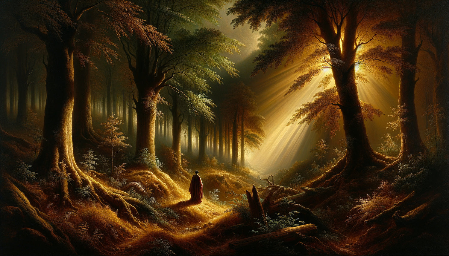 Peinture romantique du 19ème siècle montrant le contraste dramatique entre sous-bois sombres et clairière ensoleillée