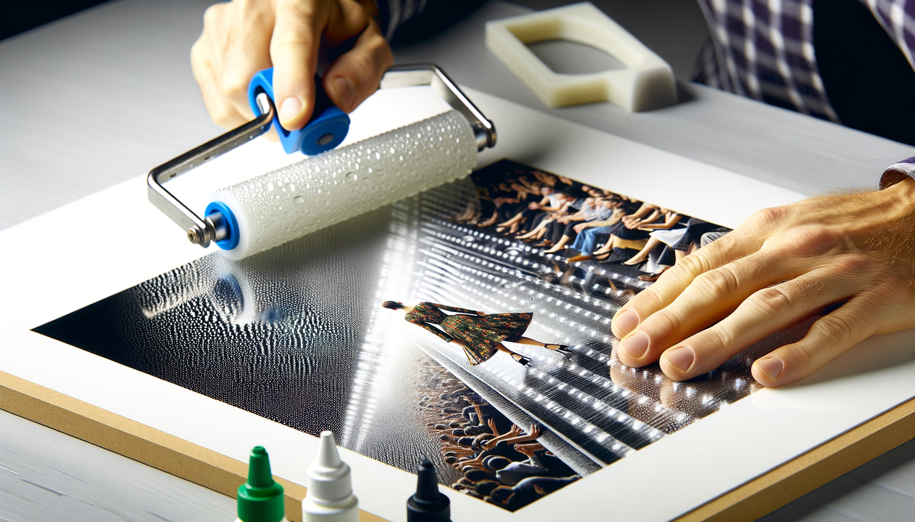 Application professionnelle de colle PVA transparente pour contrecollage sans bulles d'une photographie de défilé de mode