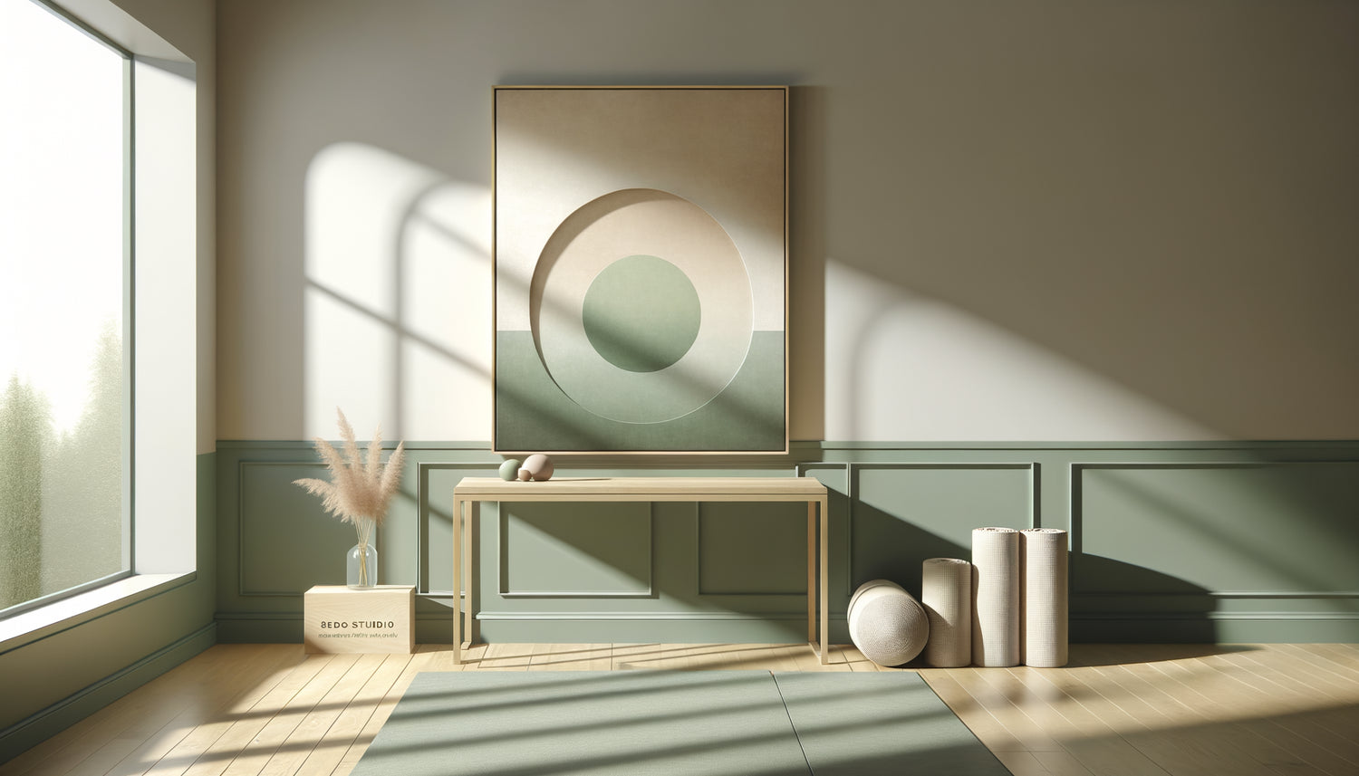 Studio wellness apaisant avec tableau abstrait coordonné subtilement à l'identité visuelle de la marque