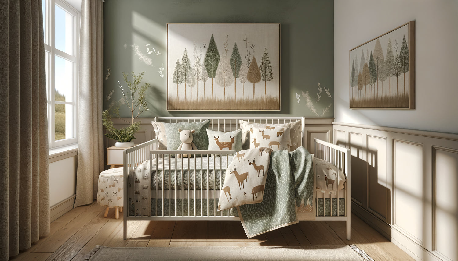 Chambre d'enfant moderne avec tableau mural et literie coordonnés aux mêmes motifs et couleurs douces