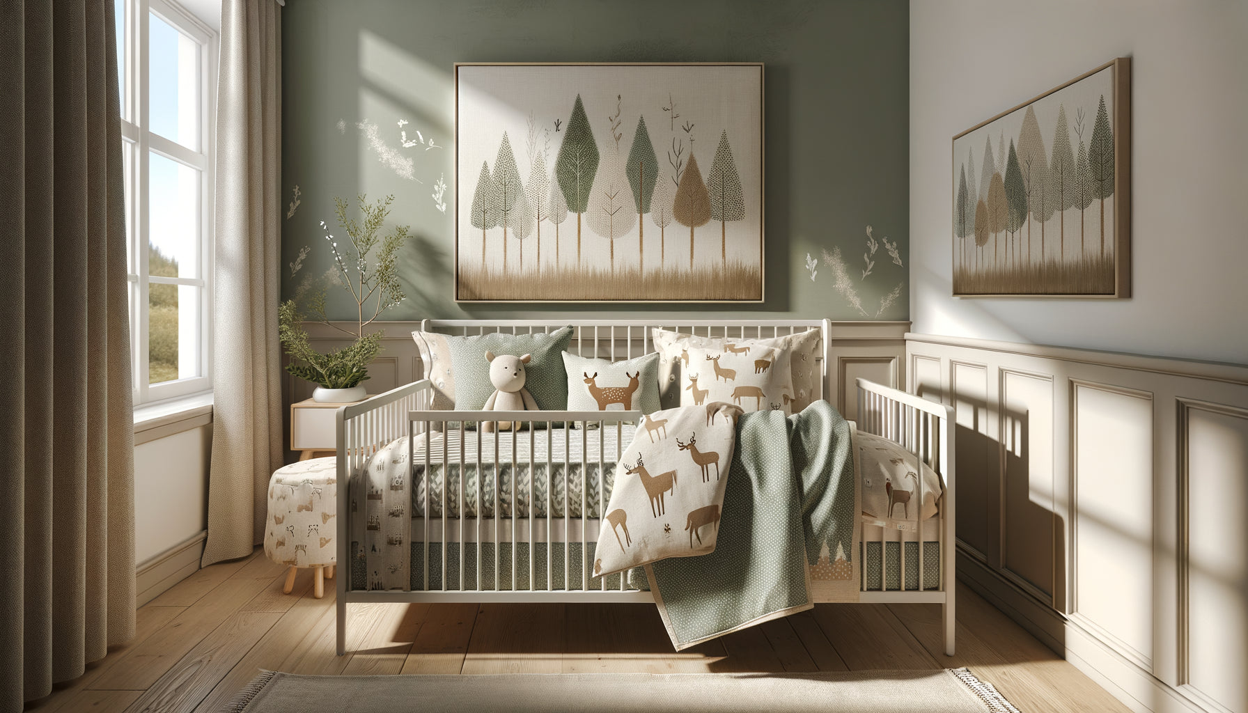 Chambre d'enfant moderne avec tableau mural et literie coordonnés aux mêmes motifs et couleurs douces