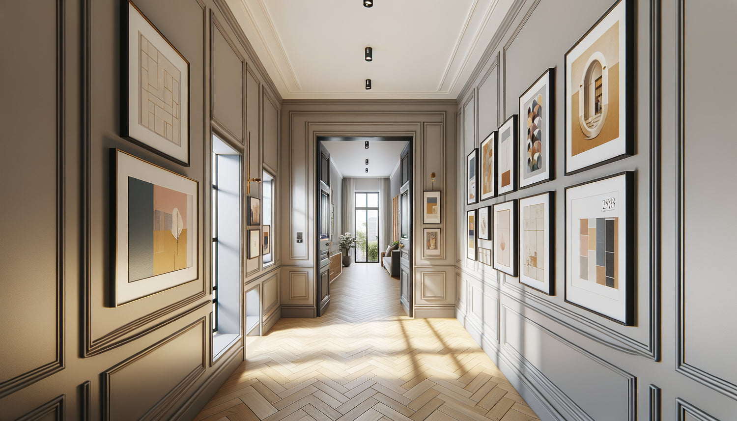 Couloir élégant avec tableaux coordonnés créant une harmonie visuelle entre pièces adjacentes