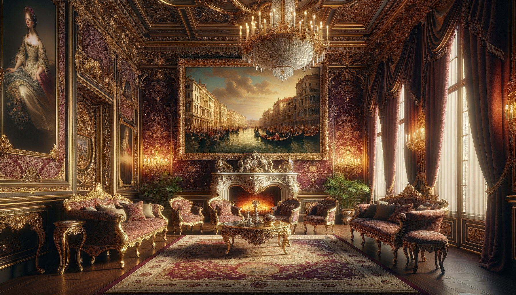 Copie d'un Canaletto vénitien dans un salon Belle Époque luxueux de palace parisien, 1898