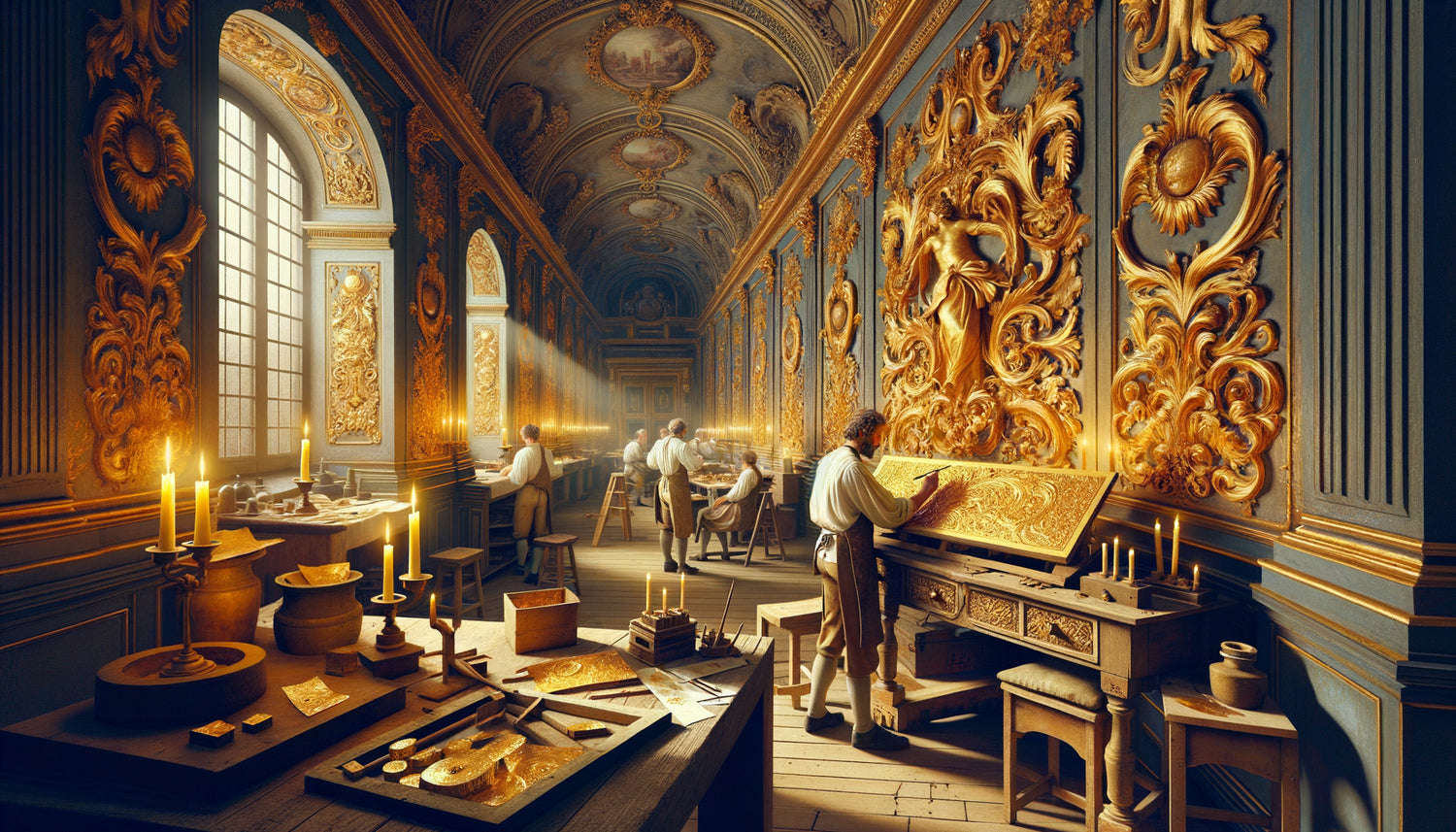 Atelier de doreurs du XVIIIe siècle appliquant la feuille d'or sur fresques ornementales luxueuses style Rococo