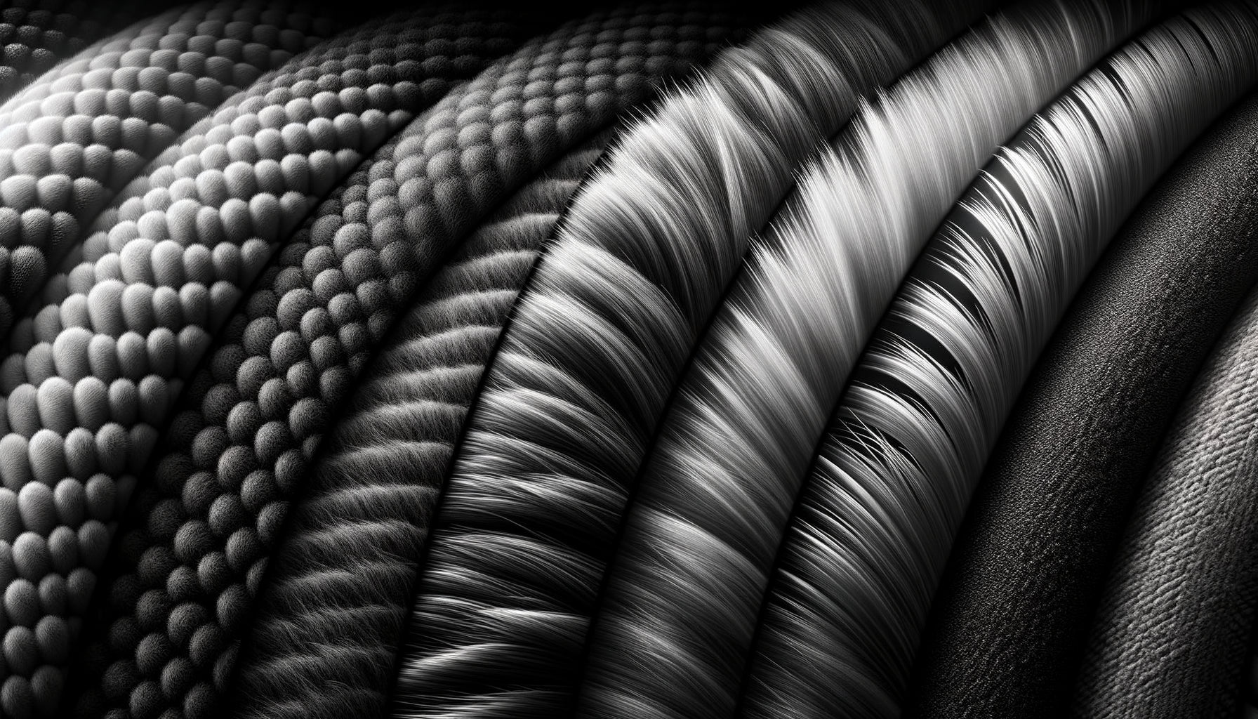 Surfaces texturées variées en noir et blanc révélant la perception tactile par variations lumineuses