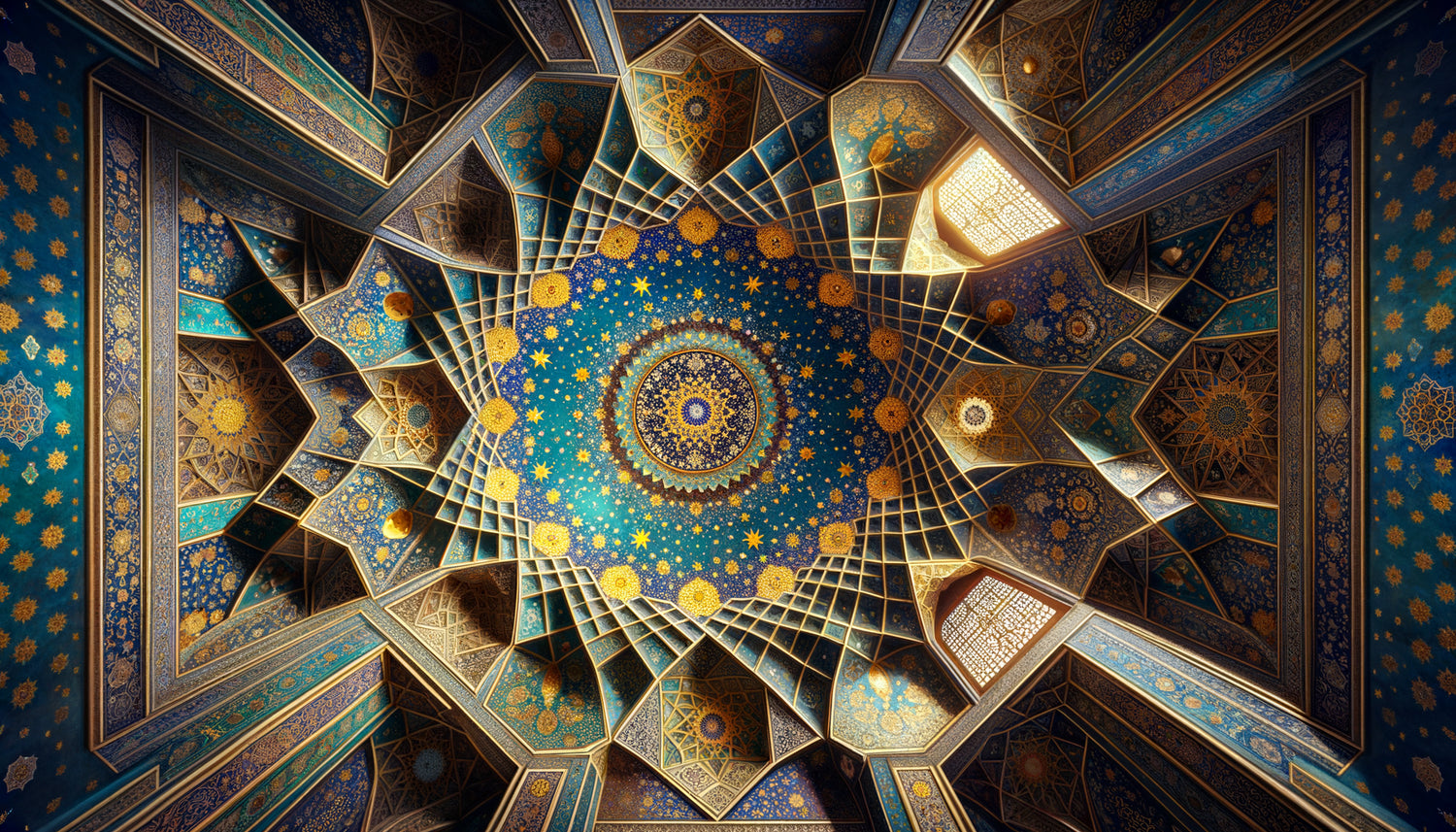 Voûte étoilée d'un palais persan médiéval avec motifs cosmologiques islamiques en géométrie sacrée et dorures