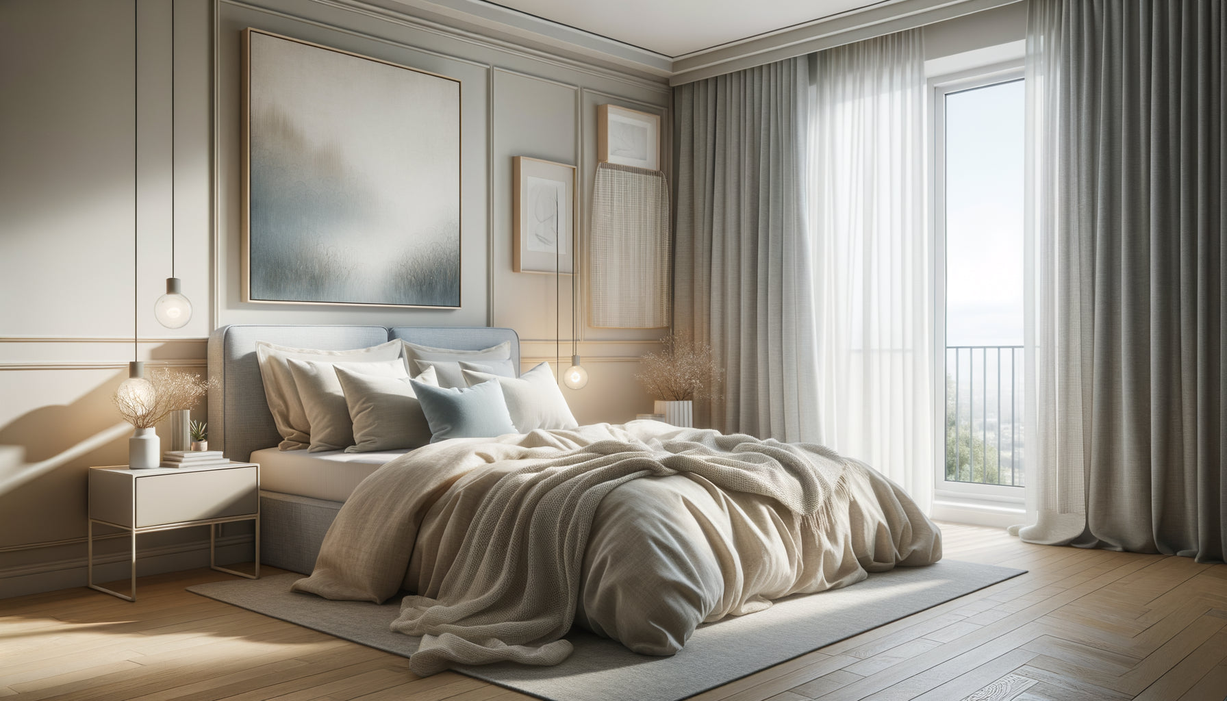 Chambre Airbnb moderne aux couleurs apaisantes : blanc cassé, beige, gris doux et bleu clair
