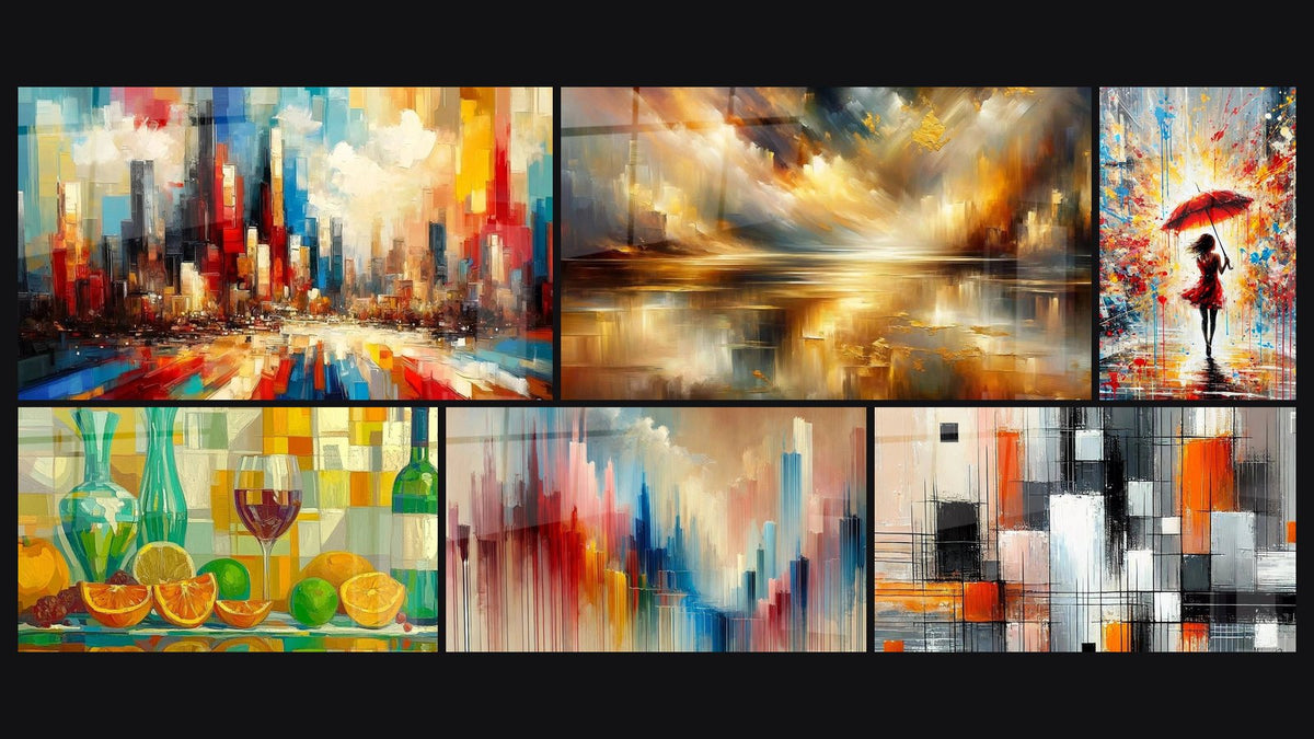 Mosaïque de six tableaux, dont Cité en Couleurs, Festin de Couleurs et Souffle de Couleurs