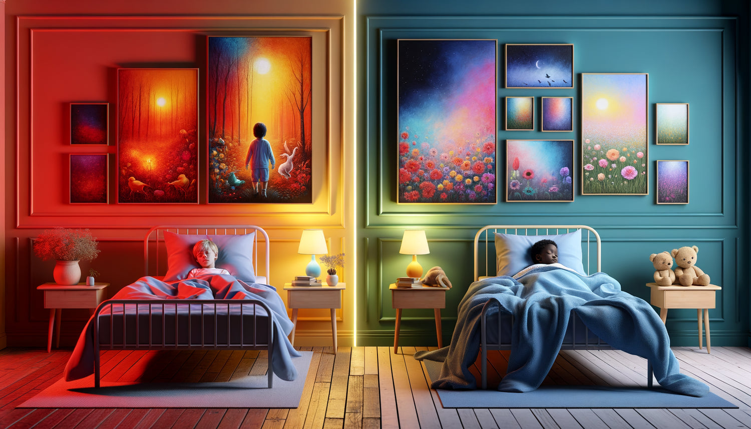 Comparaison visuelle entre chambre d'enfant avec couleurs vives stimulantes et couleurs douces apaisantes pour le sommeil