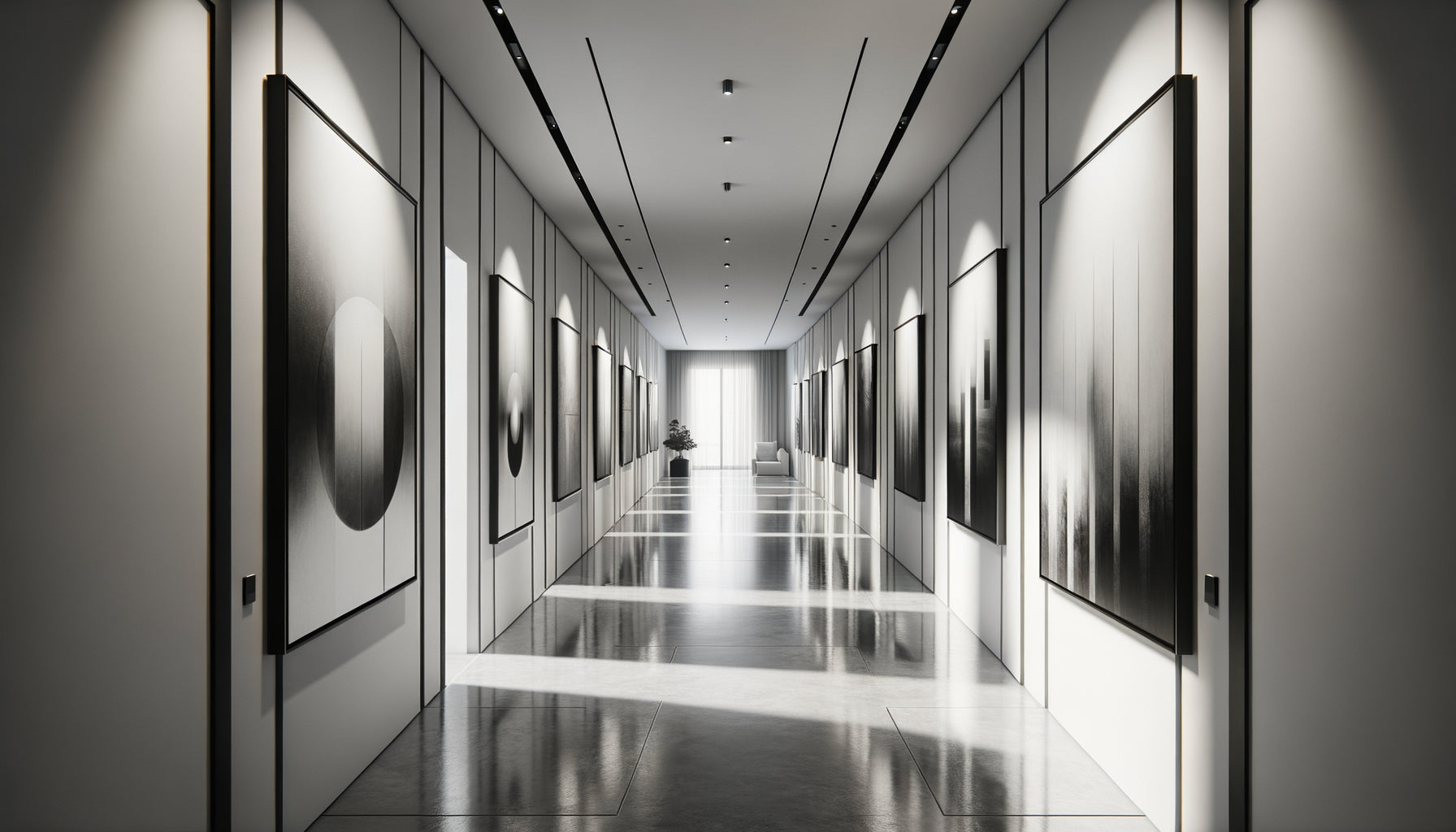 Couloir design contemporain avec série d'œuvres monochromes noir et blanc créant une galerie sophistiquée épurée