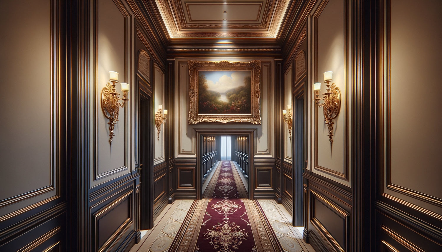 Couloir étroit de cabinet notarial avec tableau vertical format classique encadré doré sur mur crème et boiseries sombres