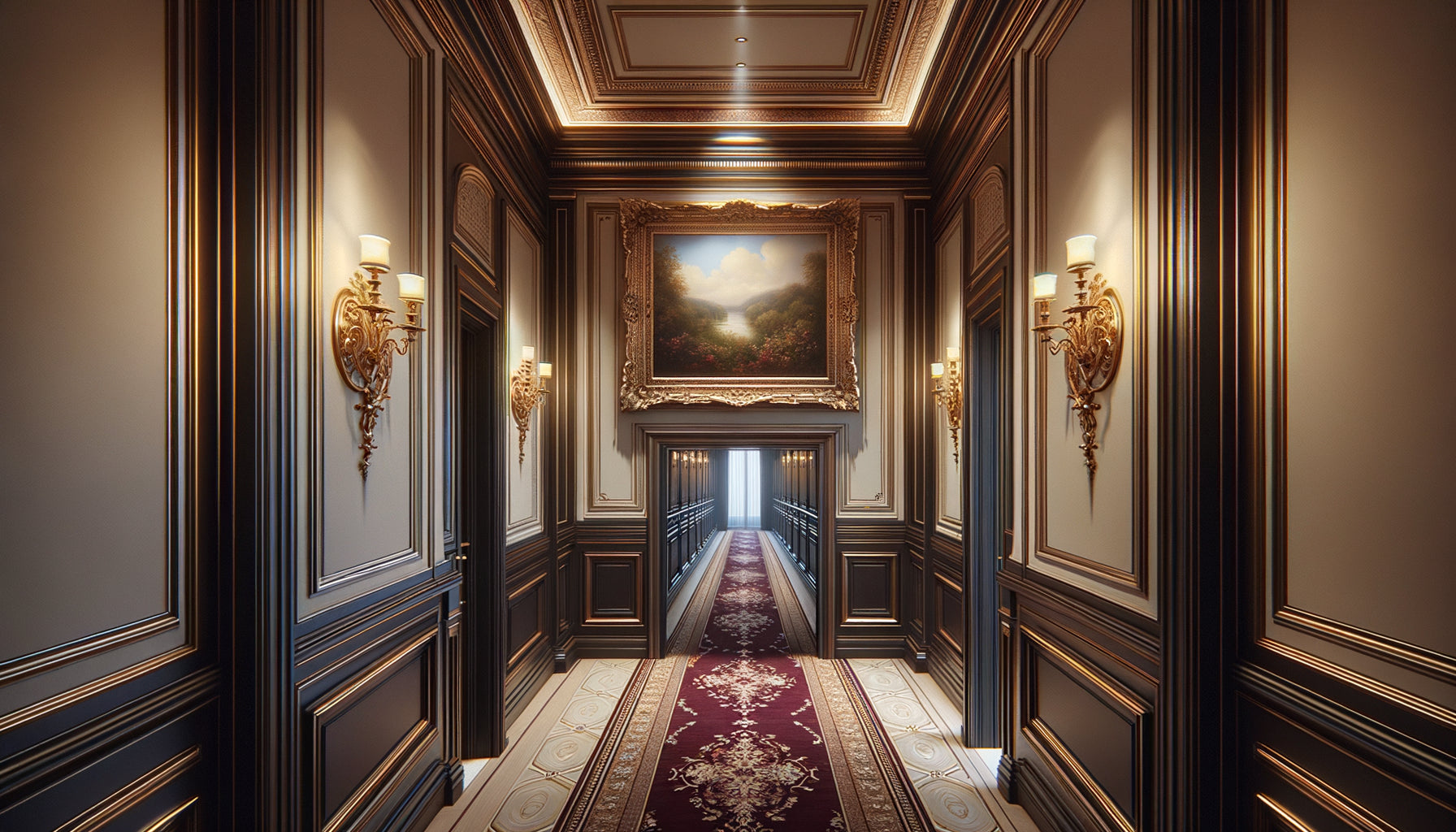 Couloir étroit de cabinet notarial avec tableau vertical format classique encadré doré sur mur crème et boiseries sombres