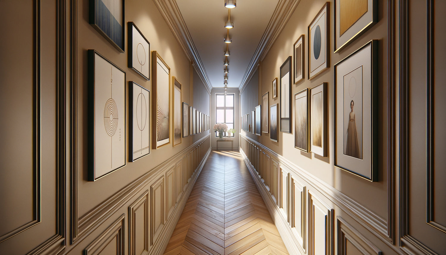 Couloir étroit élégamment aménagé avec cadres aux proportions optimales créant une illusion d'espace