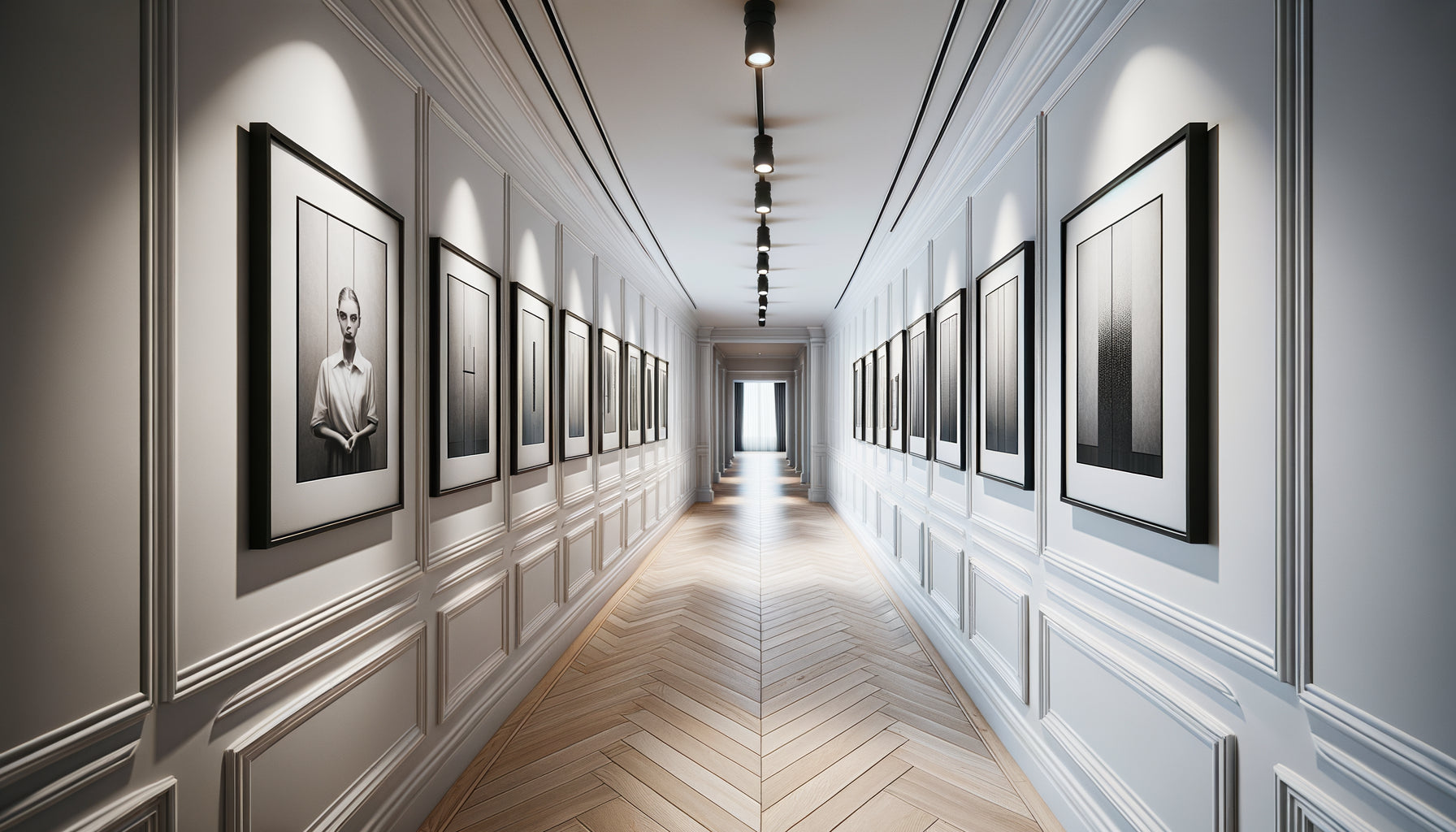 Couloir galerie moderne avec cinq tableaux identiques 20x30cm alignés horizontalement sur mur blanc