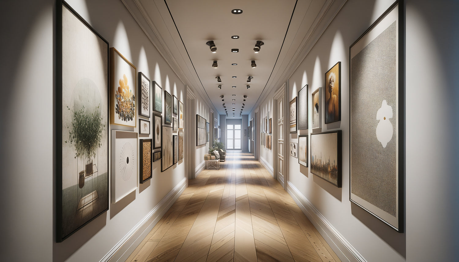 Couloir résidentiel contemporain aménagé en galerie personnelle montrant le contraste entre œuvres d'un artiste unique et mélange de styles