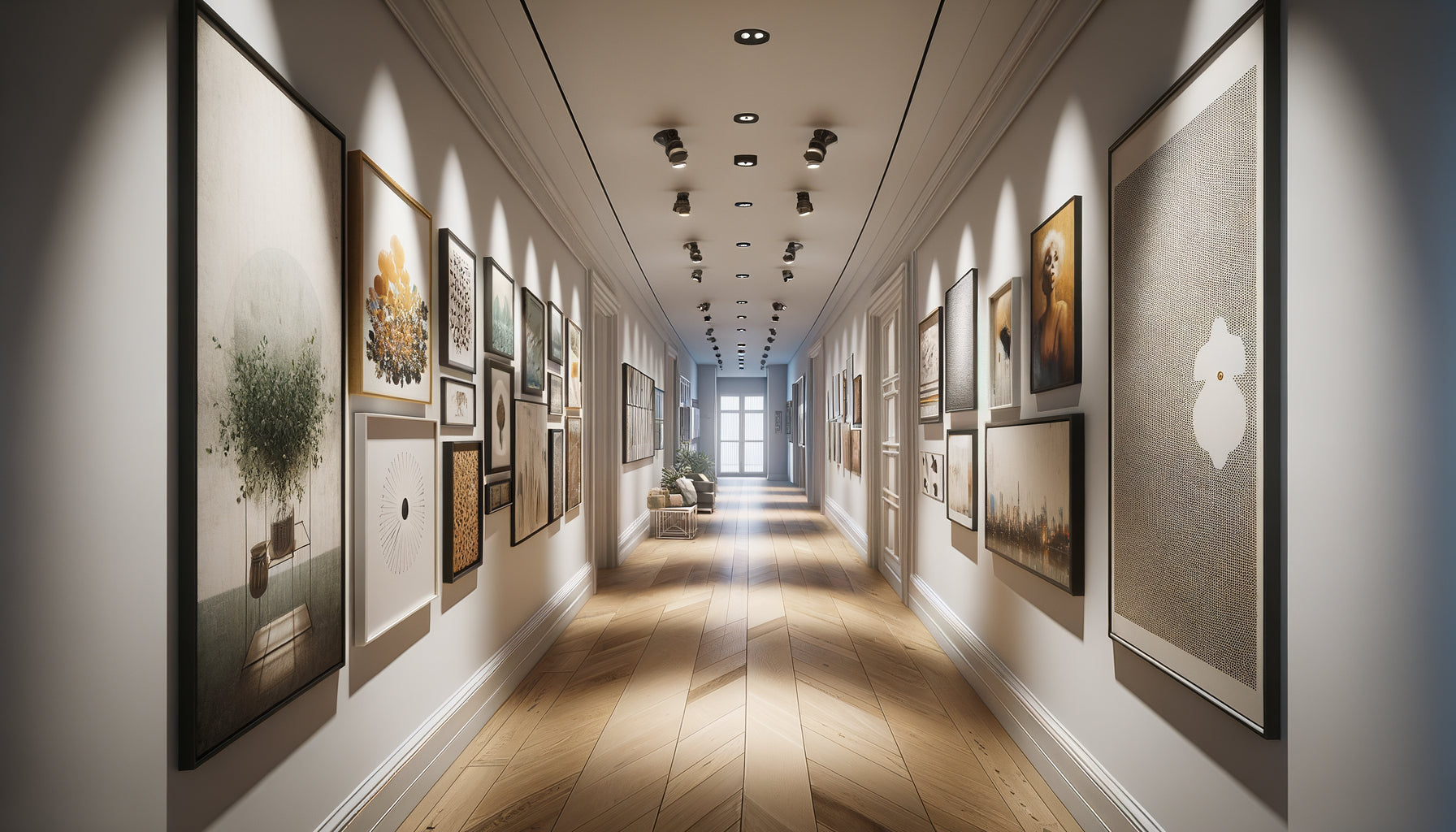 Couloir résidentiel contemporain aménagé en galerie personnelle montrant le contraste entre œuvres d'un artiste unique et mélange de styles