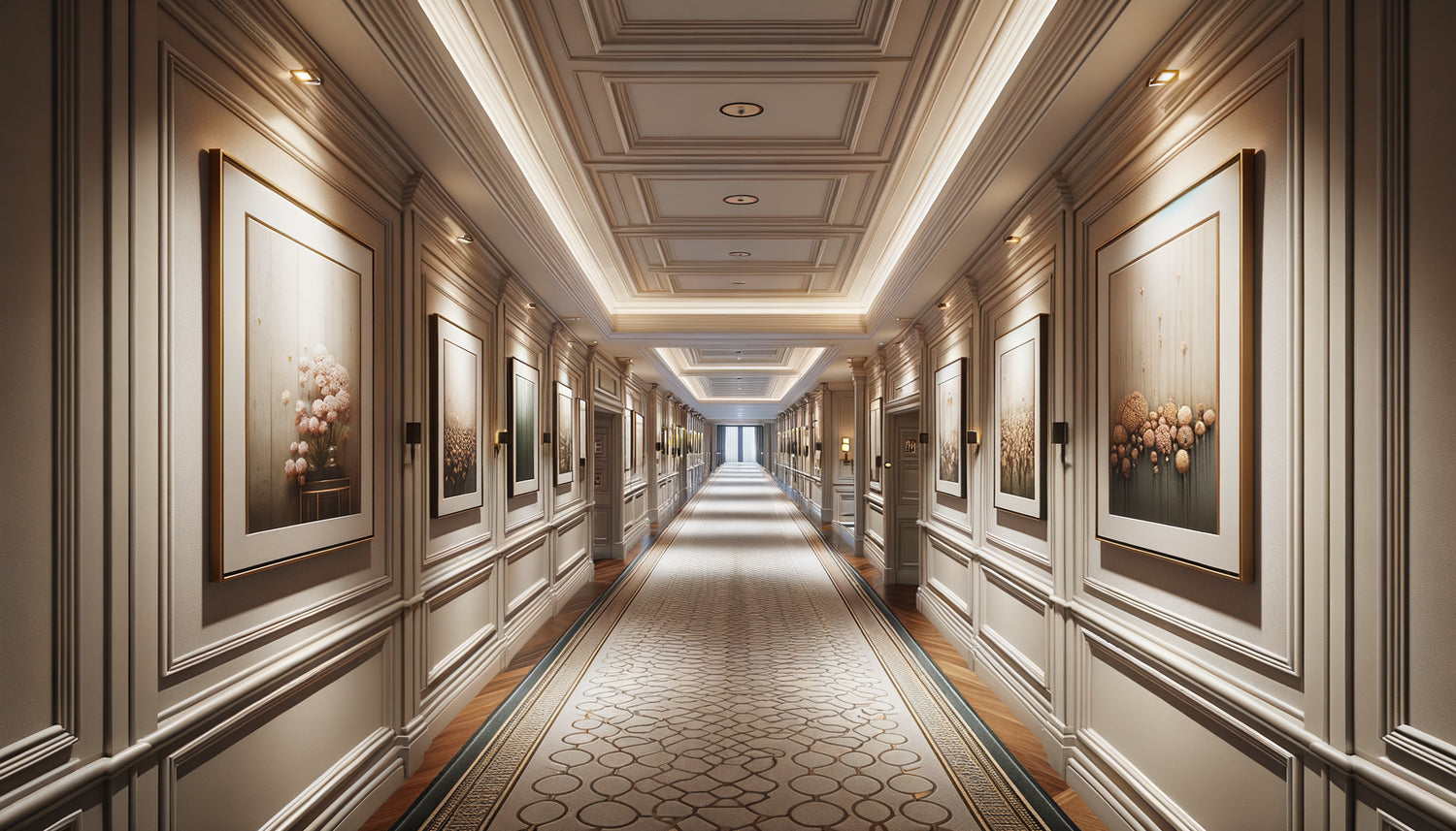 Couloir d'hôtel élégant avec galerie de tableaux harmonieusement espacés et éclairés professionnellement