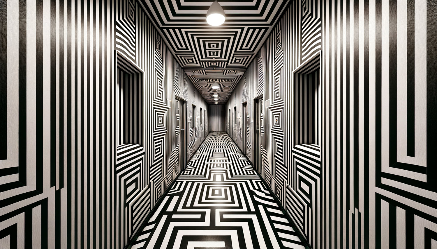Couloir étroit avec rayures horizontales contrastées, motifs géométriques complexes et damier créant un effet visuel étourdissant