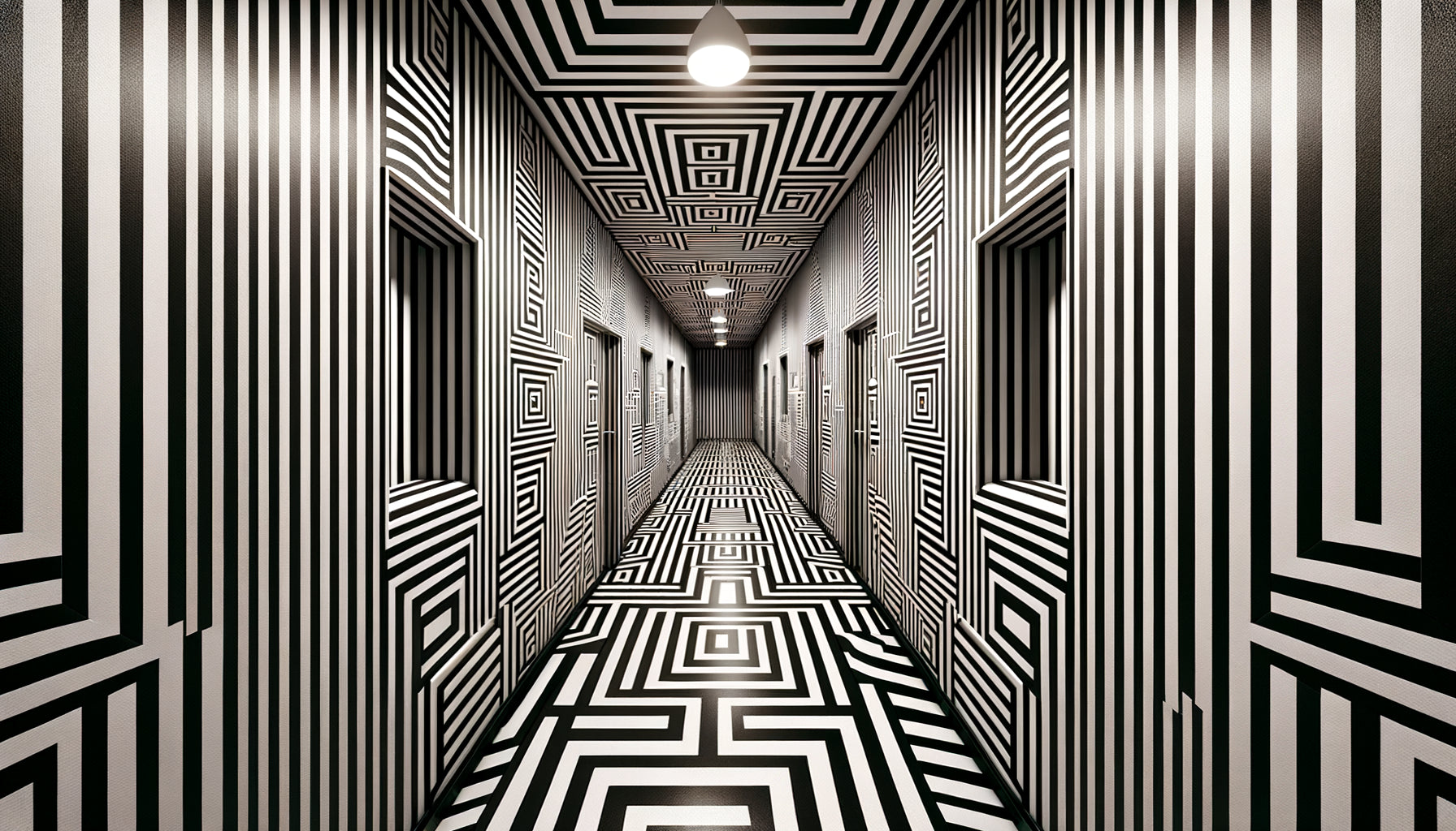 Couloir étroit avec rayures horizontales contrastées, motifs géométriques complexes et damier créant un effet visuel étourdissant
