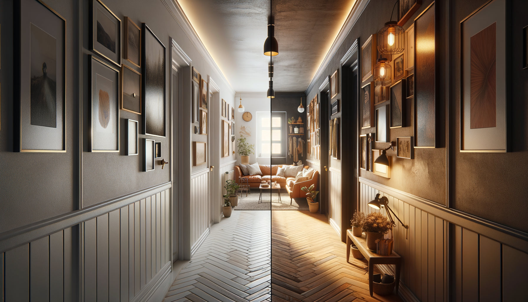 Comparaison avant-après d'un couloir résidentiel transformé d'espace négligé en galerie murale personnelle décorée