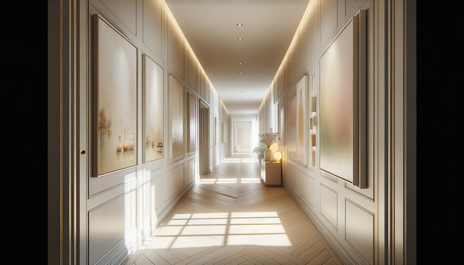 Couloir nord contemporain illuminé par tableaux aux teintes claires réfléchissantes blanc chaud jaune poudré rose délicat