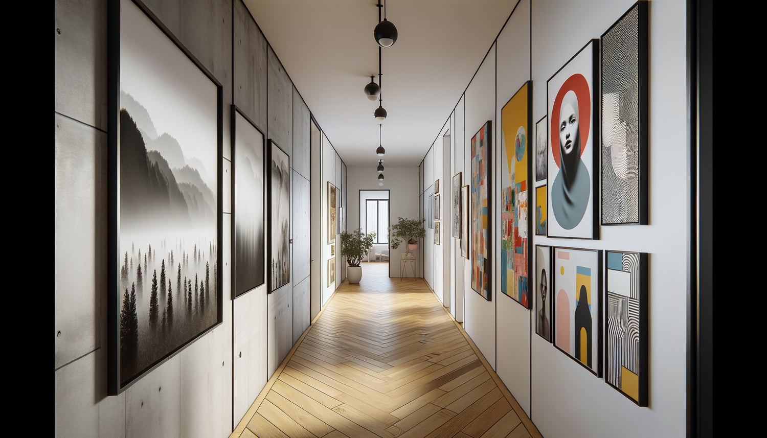 Couloir moderne montrant deux approches décoratives : série photographique cohérente versus peintures variées éclectiques