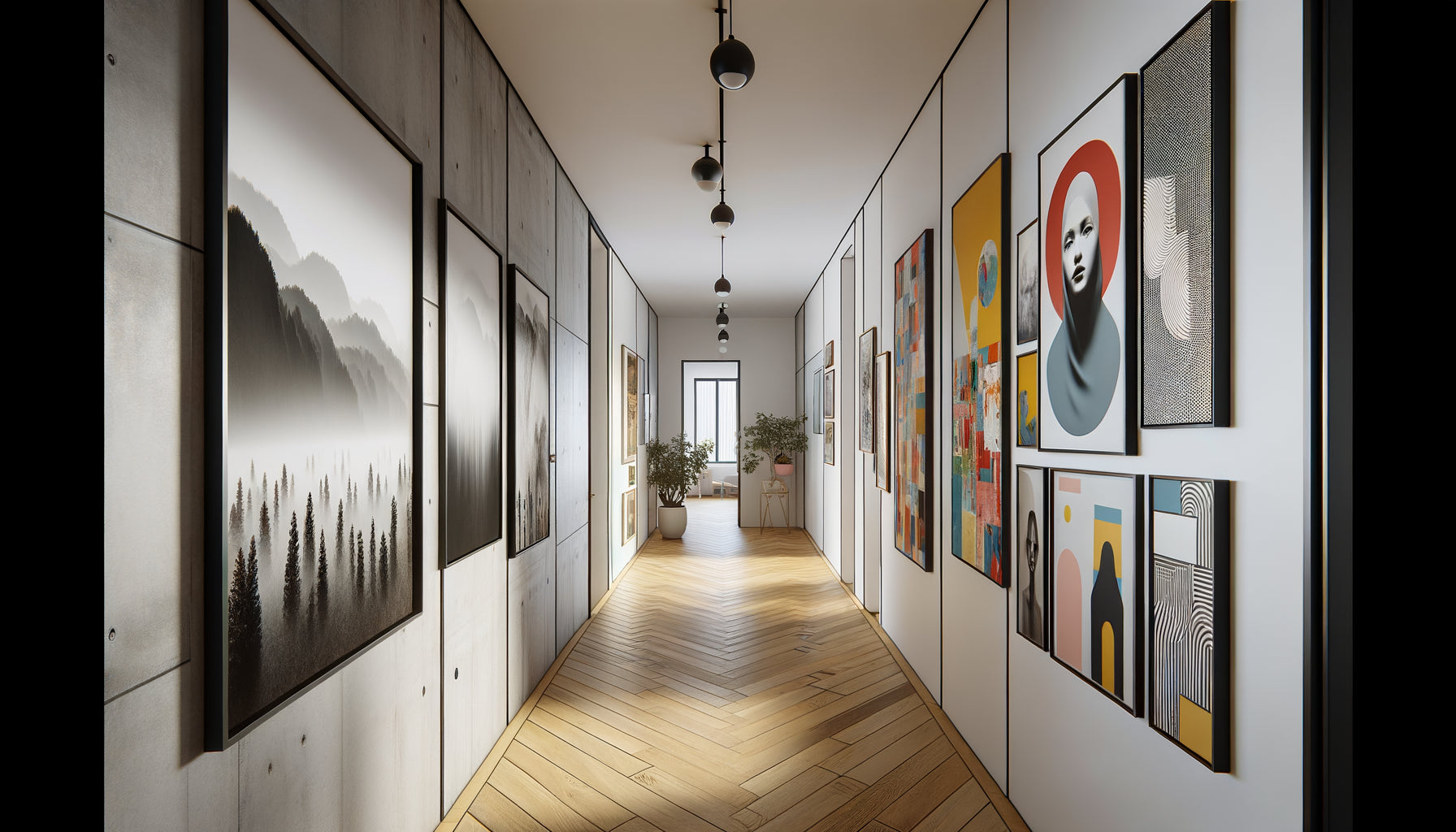 Couloir moderne montrant deux approches décoratives : série photographique cohérente versus peintures variées éclectiques