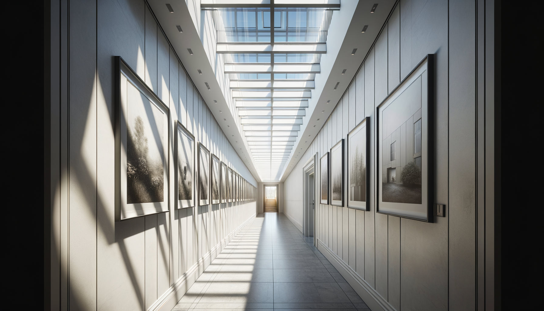 Couloir contemporain avec puits de lumière zénithale illuminant intensément des tableaux accrochés aux murs, démontrant l'exposition aux UV