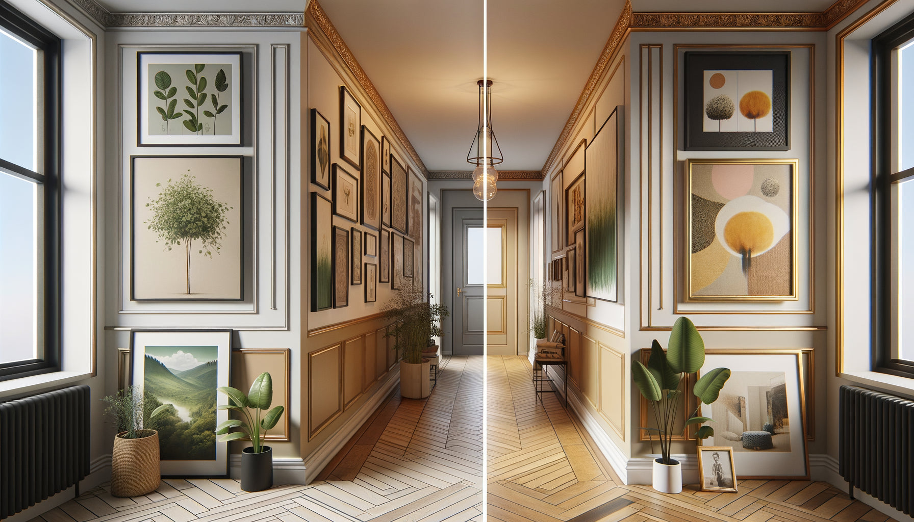 Comparaison visuelle de deux couloirs : série coordonnée de cadres uniformes versus collection éclectique de styles variés