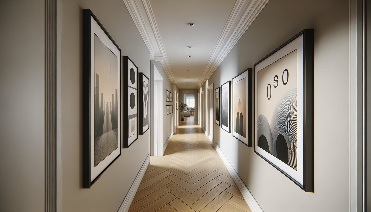 Couloir moderne avec tableaux de tailles décroissantes créant une perspective visuelle sophistiquée